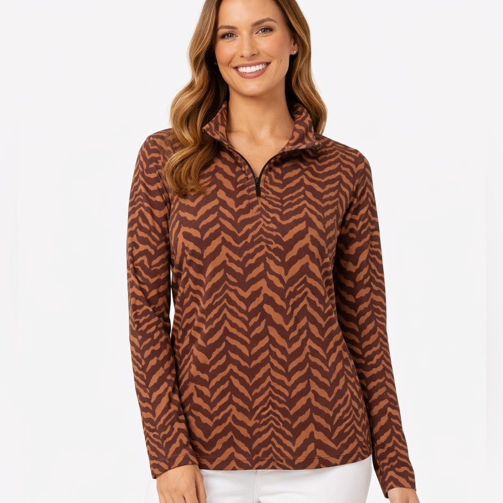 J McLaughlin Zebra Print Long Quarter Zip Top